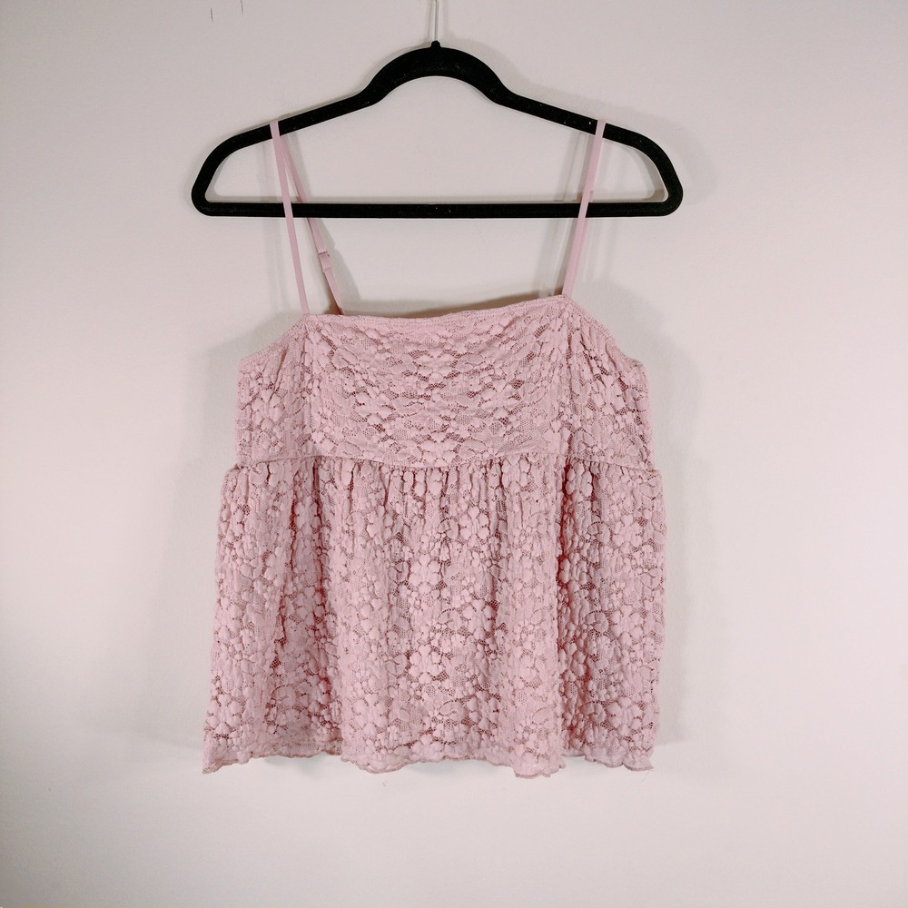 Faded Rose Pink Lace Camisole; Adjustable Straps, Babydoll Fit, Lace Overlay